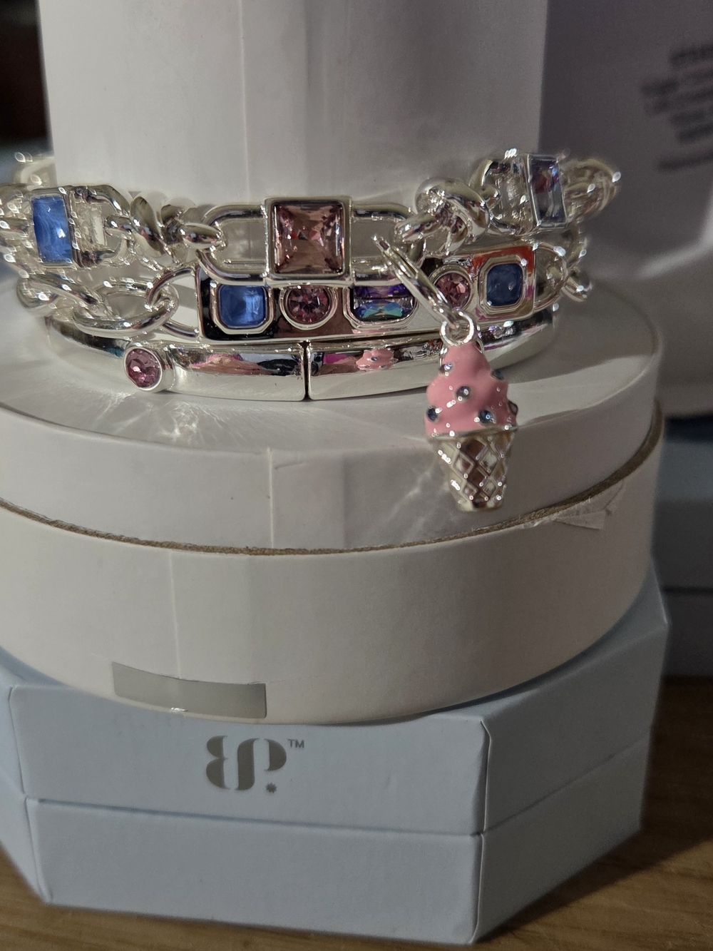 Silver-Tone Bracelet Stack with Pink Ice Cream Charm and Blue & Pink Stones